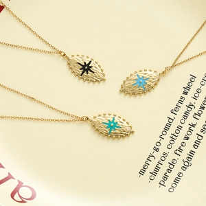 Vintage stainless steel oval star pendant necklaces in black, blue, and teal colors