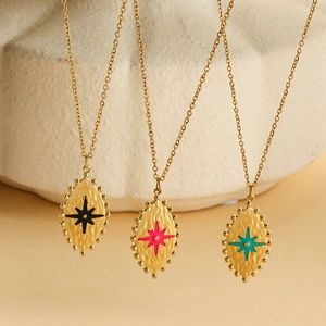 Detailed set of French vintage stainless steel star necklaces in black, pink, and teal colors