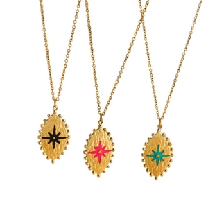 French vintage stainless steel necklace with colorful enamel star pendants in gold