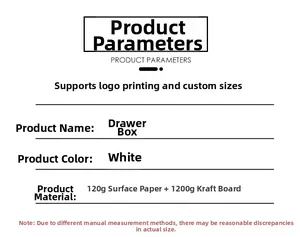 Detailed specifications of white drawer jewelry box with premium paper and cardboard