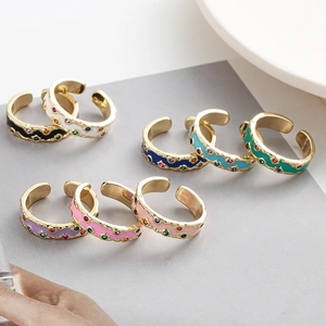Bague Ouverte Émail Coloré Acier Inoxydable Plaqué Or Ajustable Zircon Bijoux De Doigt Pour Femmes Imperméable
