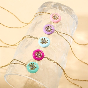 Ethnic geometric sunflower pendant necklaces with colorful enamel and crystal center