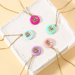 Ethnic sunflower pendant necklaces with colorful enamel and golden chain for women
