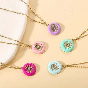 Ethnic geometric sunflower pendant necklaces set with colorful enamel and crystals