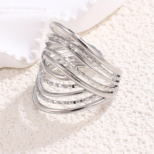 Minimalist wide layered line ring with multi-strand silver metal intertwining design