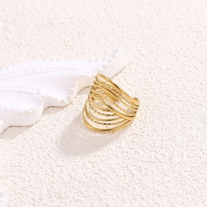 Minimalist multi-layer 18K gold plated stainless steel ring with textured band details