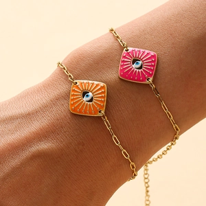 Retro diamond enamel evil eye bracelets in orange and rose pink with gold chain