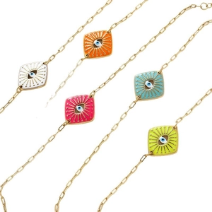 Retro punk rhombic evil eye pendant bracelets with enamel colors and gold paperclip chains