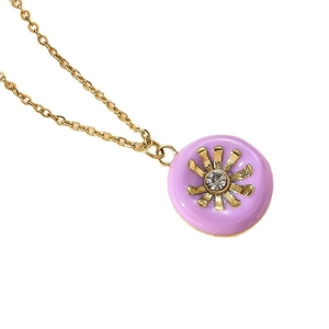 Ethnic geometric sunflower pendant necklace with purple enamel and gold chain