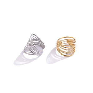 Minimalist wide 18K gold and silver layered line ring with multi-row wrap design