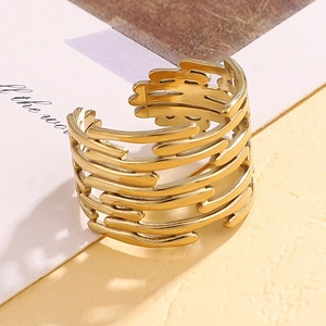 Bague ouverte moderne en acier inoxydable doré à couches irrégulières au design fluide
