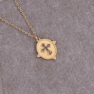 French vintage 18k gold plated stainless steel oval pendant with black zircon cross