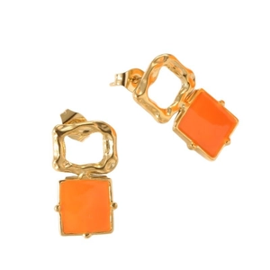 Retro geometric square earrings in gold hammered metal with orange enamel pendants