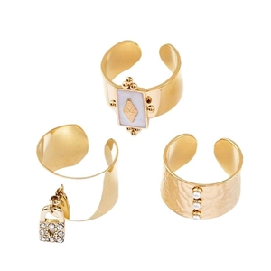 Set de trois bagues dorées ajustables avec perles, cristaux étincelants et breloques rétro