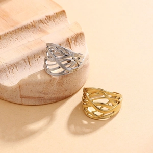 Polished titanium steel woven hollow band ring in gold and silver finishes