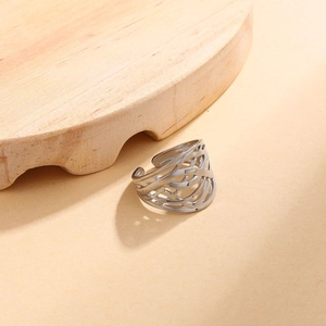 Minimalist silver woven hollow wide band ring in stainless steel with abstract leaf texture