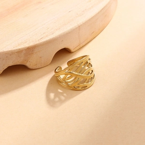 Modern gold woven hollow band ring made of durable stainless steel with open design