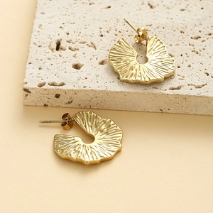 Irregular Ruffle Stainless Steel Earrings 14K Gold Plated Radiating Texture Bohemian Niche Style For Women