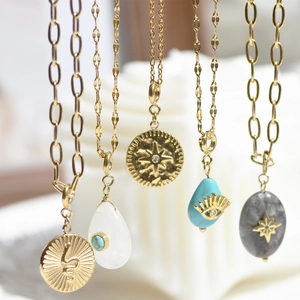 Bohemian vintage gold-plated stainless steel necklaces with natural stone eye pendants