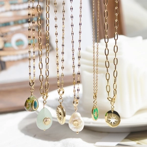Vintage stainless steel gold necklaces with natural stones and baroque pearls