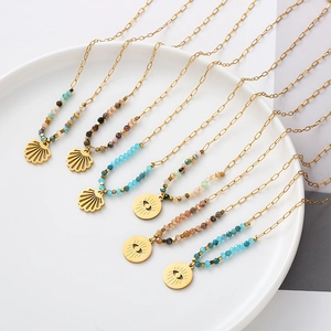 Bohemian gold stainless steel necklace set with colorful natural stone beads and shell charm