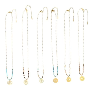 Bohemian gold plated stainless steel necklaces with natural beads, shell and evil eye charms