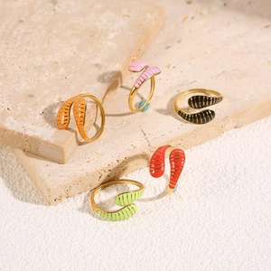 Snake Shape Open Ring Stainless Steel Gold Plated Colorful Enamel Stripe Adjustable Minimalist Trendy Jewelry For Gift