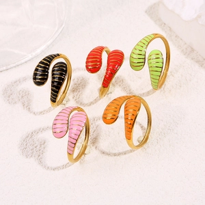Adjustable gold plated snake rings with colorful striped enamel drops in five vibrant hues
