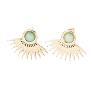Vintage fan-shaped gold stud earrings with natural light green stone inlay on white background