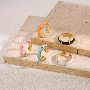 Minimalist gold-plated bamboo joint open rings with colorful enamel drip oil finish