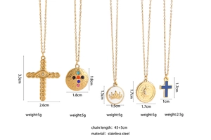 Detailed size chart for five golden stainless steel cross and crown necklaces