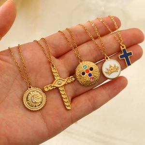 Golden titanium steel necklaces with various cross and sun moon charms for women