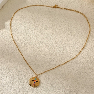Titanium steel gold chain necklace with round pendant featuring colorful cross gemstones