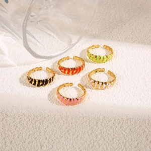 Set of colorful enamel drip titanium steel rings with vintage striped pattern designs