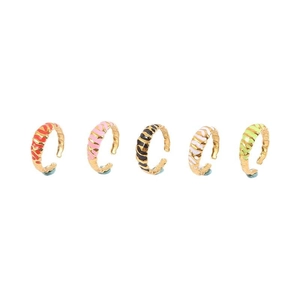Colorful vintage stripe enamel C-shape open rings in gold stainless steel finish