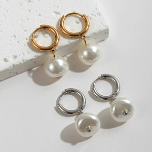 Modern baroque freshwater pearl drop earrings in gold and silver stainless steel finishes