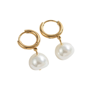 Baroque freshwater pearl hoop earrings with gold stainless steel ring 45-degree angle view