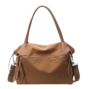 Brown large capacity nylon tote bag with multi-pockets and adjustable shoulder strap