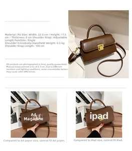 Dettaglio della borsa vintage marrone in pelle PU con dimensioni e chiusura metallica