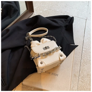 Detail of off-white pleated box bag with bow decoration and silver metal chain strap
