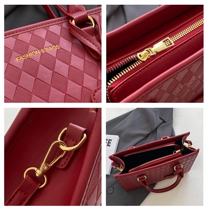 Detailed views of red quilted tote bag showing gold hardware and texture