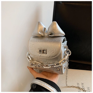 Close-up of mini bow box bag showing metallic silver leather and rotating metal lock