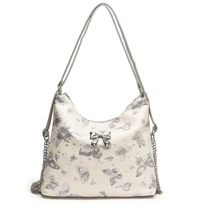 White leather tote bag with butterfly prints and metal butterfly buckle decoration