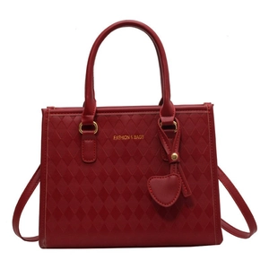 Women Rhombus Quilting Handbag PU Leather Retro Large Capacity Tote Bag With Heart Pendant Shoulder Crossbody Bag