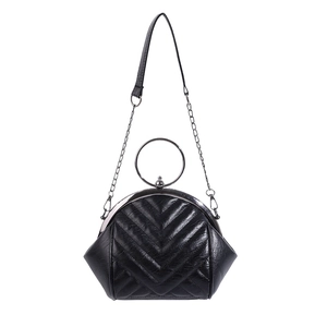Retro black quilted shell bag with V-shaped stitching and circular metal handle