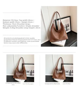 Detailed view of brown woven hobo bag showing dimensions 35x33x10cm and A4 capacity