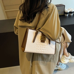 Large capacity crocodile pattern tote bag in white and brown with metal buckle