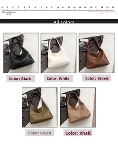 Detailed grid view showing large hobo tote bags in black, white, brown, green, and khaki