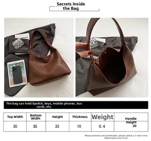 Detailed size chart and capacity info for the woven leather hobo tote bag in brown