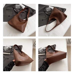 Detailed views of the coffee brown woven leather tote bag with a spacious interior design